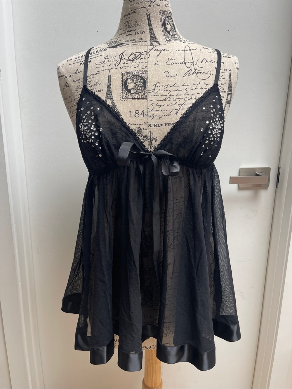 Victoria's Secret Black Sheer rhinestone Babydoll Chemise with Satin Trim